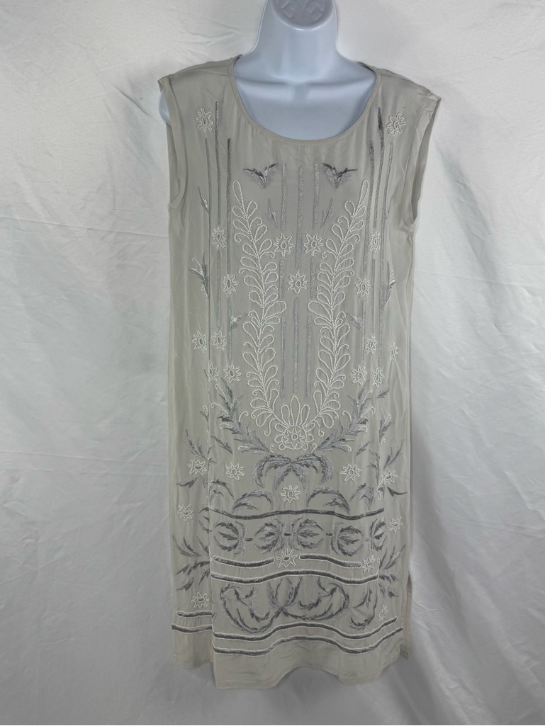 Sundance Cream Midi Silk Dress With Silver Embroidered Motifs And Embroidery